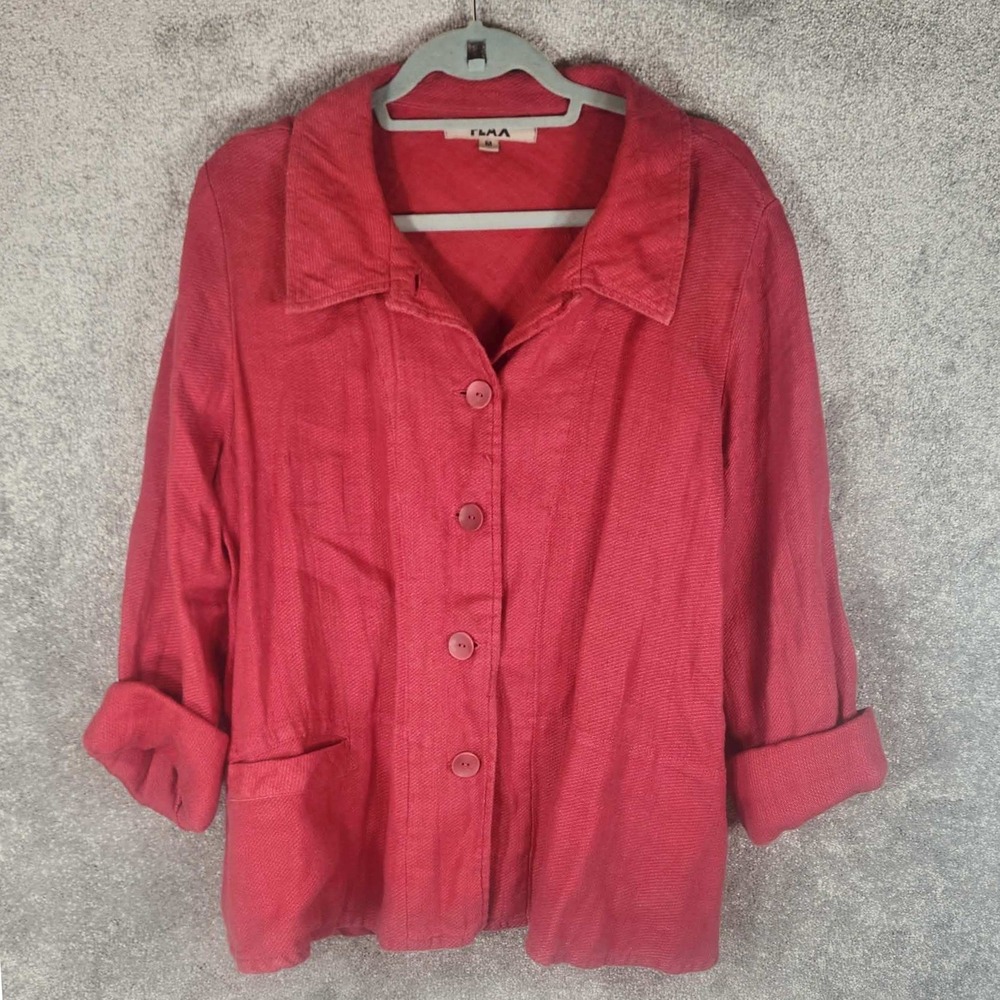 FLAX Linen Button Down Jacket Red Textured Long Sleeve Womens Size M